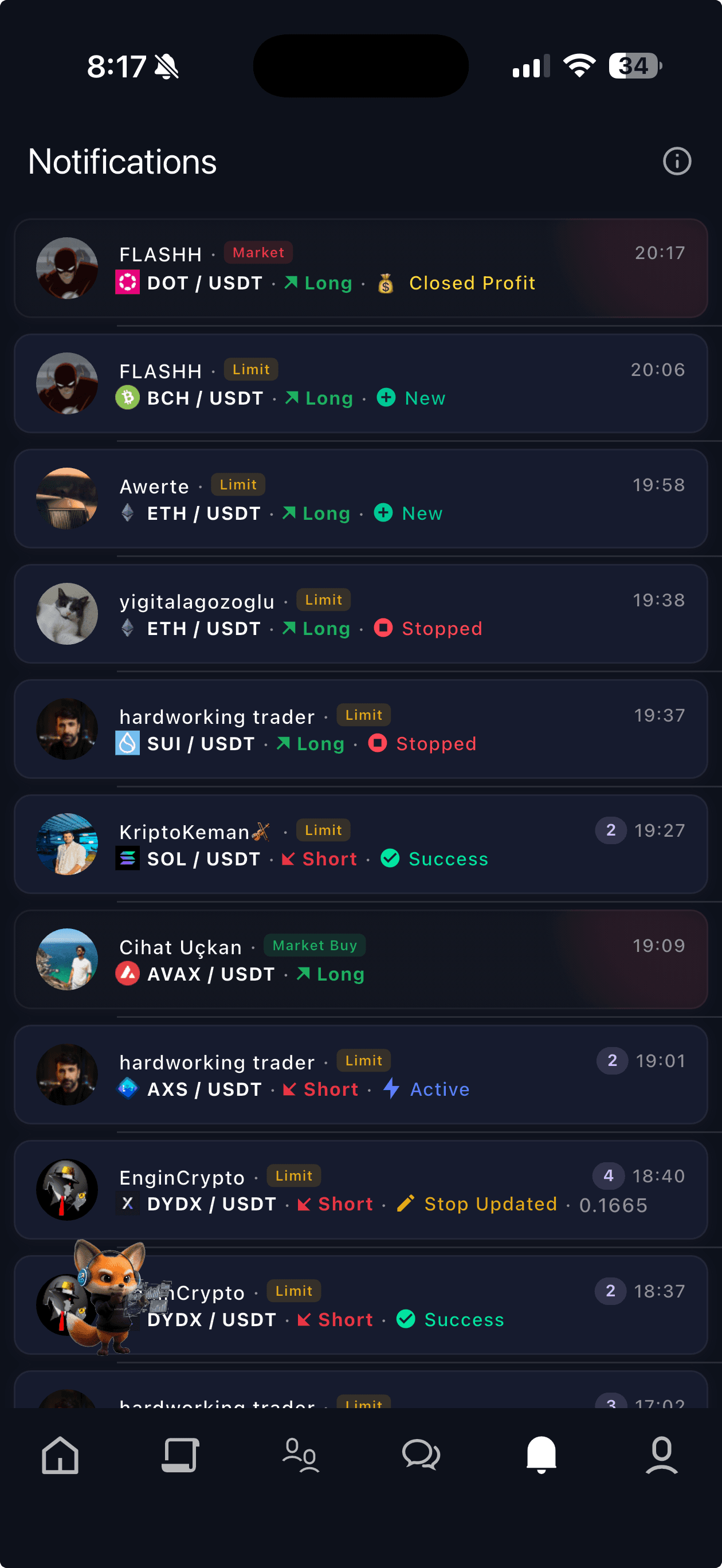 BottomUP iOS — real-time notifications feed of trader actions