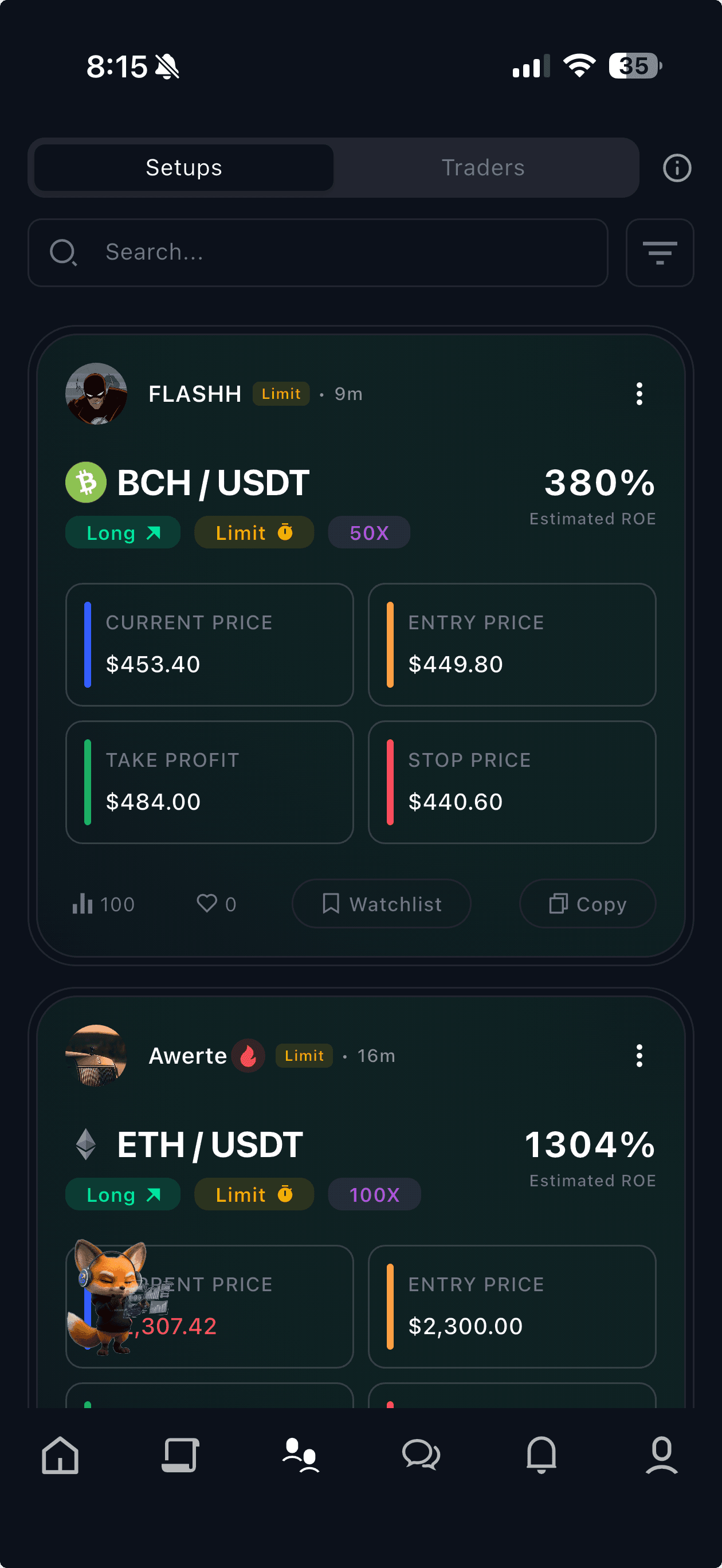 BottomUP iOS — live trader setups with entry, stop, take-profit