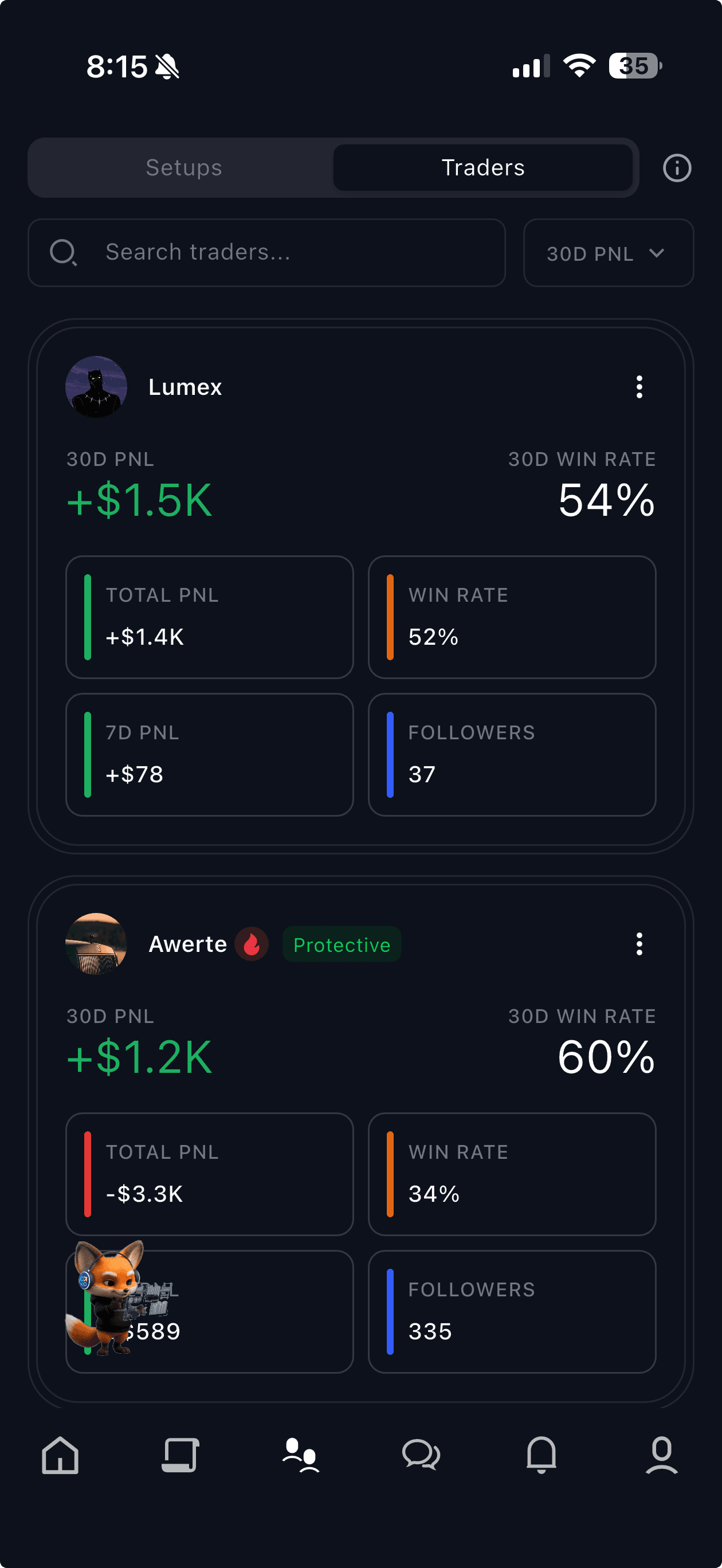 BottomUP iOS — traders leaderboard with PNL and win-rate metrics
